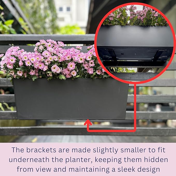 LaLaGreen Railing Planter Box (20 Inch, 4 Pack) Black Rectangular Window Flower Boxes with Bracket, Self Watering System Hanging Planter Box for Outdoor Plant Pots Container Deck Rail Fence Balcony