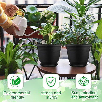 12 Pack 8+'' Plastic Plant Pots Round Planter Pots with Saucer Tray Seedling Pot Hole Seed Resin Plant Pot Starting Nursery Flower Container with Pallet for Garden Outdoor Indoor(Black)