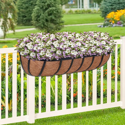 ZeeDix 4 Pack 24 Inch Railing Planter Box, Metal Window Boxes with Coco Liners for Railing, Hanging Flower Boxes for Deck Porch Balcony & Fence Outdoor Indoor Lawn