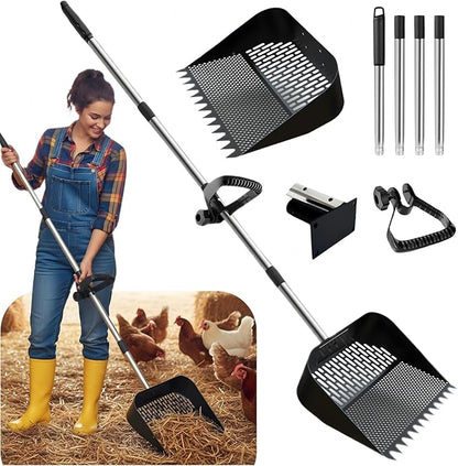 Chicken Poop Scooper & Rake 2-in-1, Adjustable Steel Handle Chicken Poop Shovel (24"-63.7"). Chicken Coop Scoop for Chicken Coop and Pet Poop Cleaning with Ergonomic Grip-Honeycomb