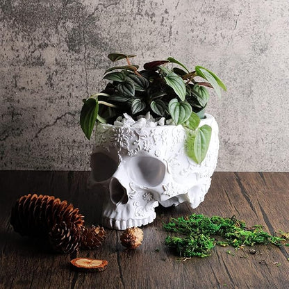 White Skull Planter Pot 6 Inch Skeleton Head Pot for Succulents Flowers, & Bowl Dish Gothic Decor for Garden Home Parties Haunted House Spooky Black Display Halloween Skull Flower Pot Decoration Gift