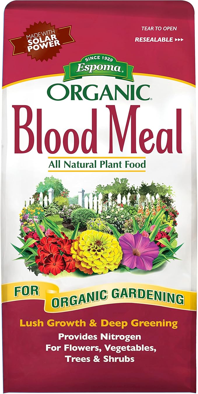 Espoma Organic Blood Meal Fertilizer 12-0-0 . All-Natural Plant Food Source of Nitrogen for Organic Gardening. For Flowers, Vegetables, Trees & Shrubs. 3 lb. Bag..