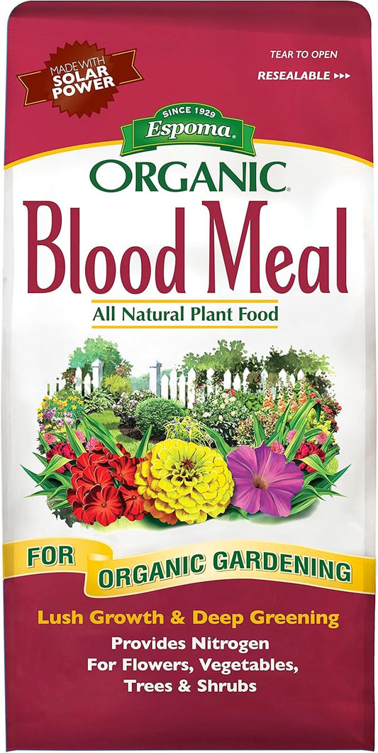 Espoma Organic Blood Meal Fertilizer 12-0-0 . All-Natural Plant Food Source of Nitrogen for Organic Gardening. For Flowers, Vegetables, Trees & Shrubs. 3 lb. Bag..