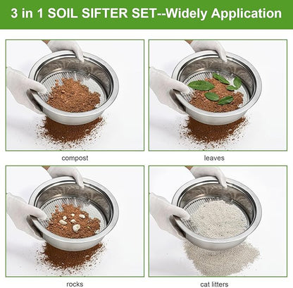 Soil Sieve Sifter Set Stainless Steel,Garden Sieve Set with 3 Interchangeable Mesh 1,3,5mm,Sifting Screen for Dirt, Sand, Rock, Filtration, Compost, with Soil Scoops Gardening Tool