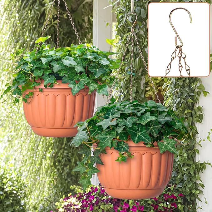 12 Sets Hanging Planters for Indoor and Outdoor Plants Terracotta Self Watering Hanging Basket Flower Pots Plastic Plant Pots with Drainage Hole and Absorbing Tray (10 Inch)