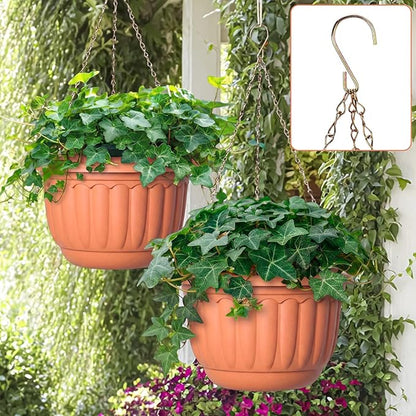 12 Sets Hanging Planters for Indoor and Outdoor Plants Terracotta Self Watering Hanging Basket Flower Pots Plastic Plant Pots with Drainage Hole and Absorbing Tray (10 Inch)