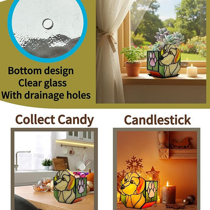 Handcrafted Stained Glass Dog Planter, Indoor Planters with Drainage and Tray, Small Pots for Succulents, Dog Memorial Gifts 4.6x3x5.15 in