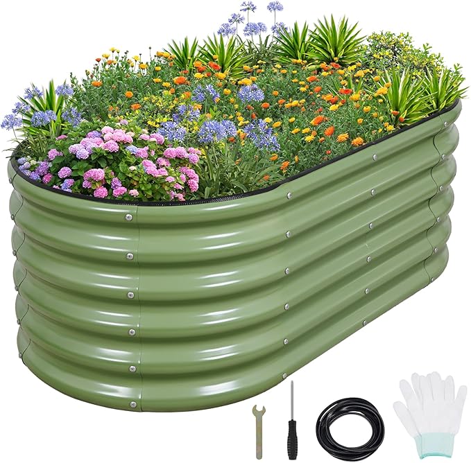 1MORE Galvanized Raised Garden Bed- Planter Garden Boxes Outdoor, Raised Beds for Gardening, 4x2x1.4ft Metal Garden Bed Kit for Vegetables Flower, Planter Raised Bed with Protective Tape & Tools.Green
