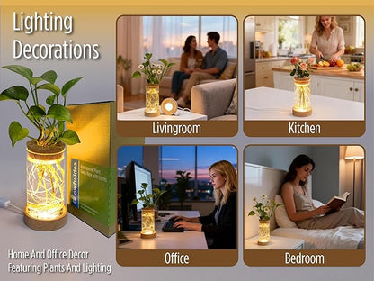 Plant Propagation Station with Light, Glass Planter Station with Waterproof Lighted Wooden Base, Desktop Hydroponic Plants Terrarium, Cylindrical Glass Planter for Home Decor & Office Decor