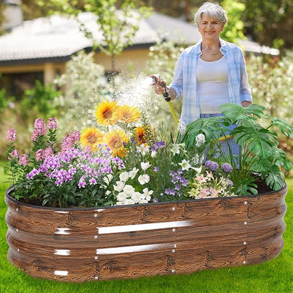 Galvanized Raised Garden Bed - 4×2×1ft (2 Packs) Planter Raised Beds for Gardening | Oval Metal Garden Planter Box with Safety Edging and Gloves for Vegetables Fruits and Flower - Grain