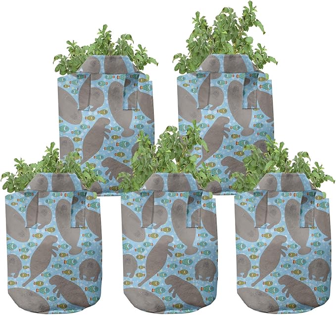 Ambesonne Camouflage Grow Bags 5-Pack, Classic Tricolor Camo, Heavyduty Fabric Pots with Handles for Plants, Green Tan