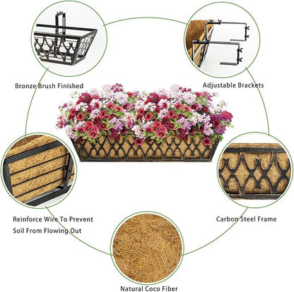 6 Pack 30 Inch Window Boxes Planters Railing Planter Box with Adjustable Brackets for Porch Fence Patio Balcony Hanging Flower Baskets with Coco Liners for Outdoor Garden Decor - Bronze