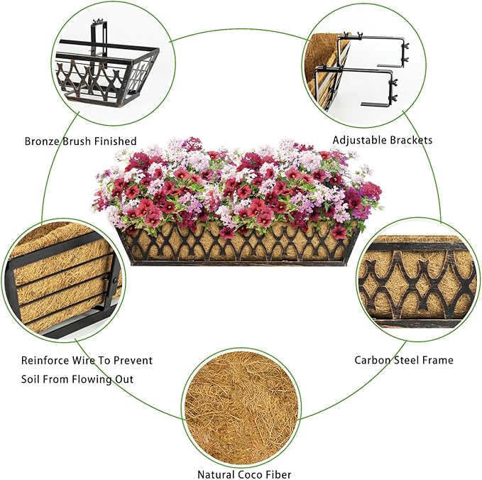2 Pack 30 Inch Window Boxes Planters Railing Planter Box with Adjustable Brackets for Porch Fence Patio Balcony Hanging Flower Baskets with Coco Liners for Outdoor Garden Décor - Bronze