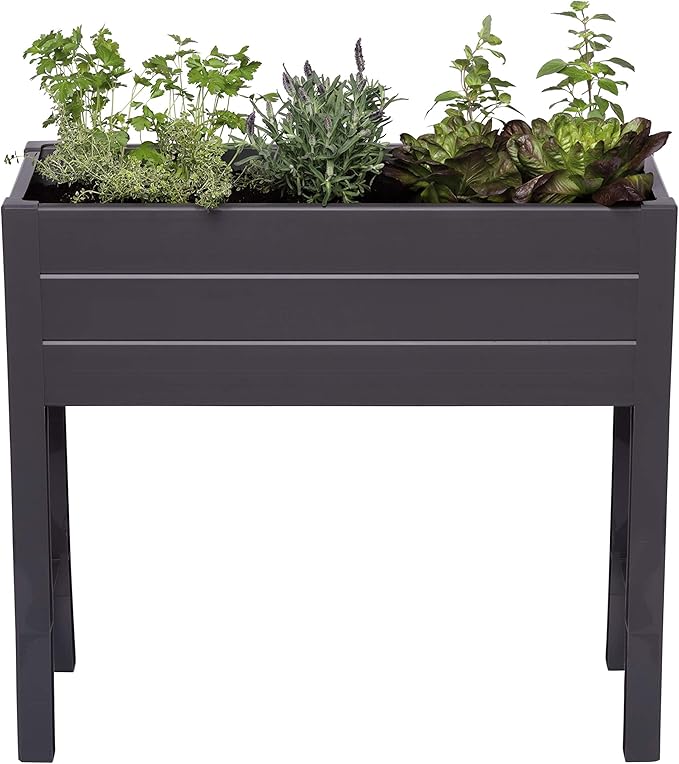 NuVue Products 26021 Outdoor Elevated Garden Bed for Growing Edible Plants and Flowers, BPA-Free Woodgrain Panel Elevated Planter Box, 35.5” L x 15” W x 32” H, Dark Gray