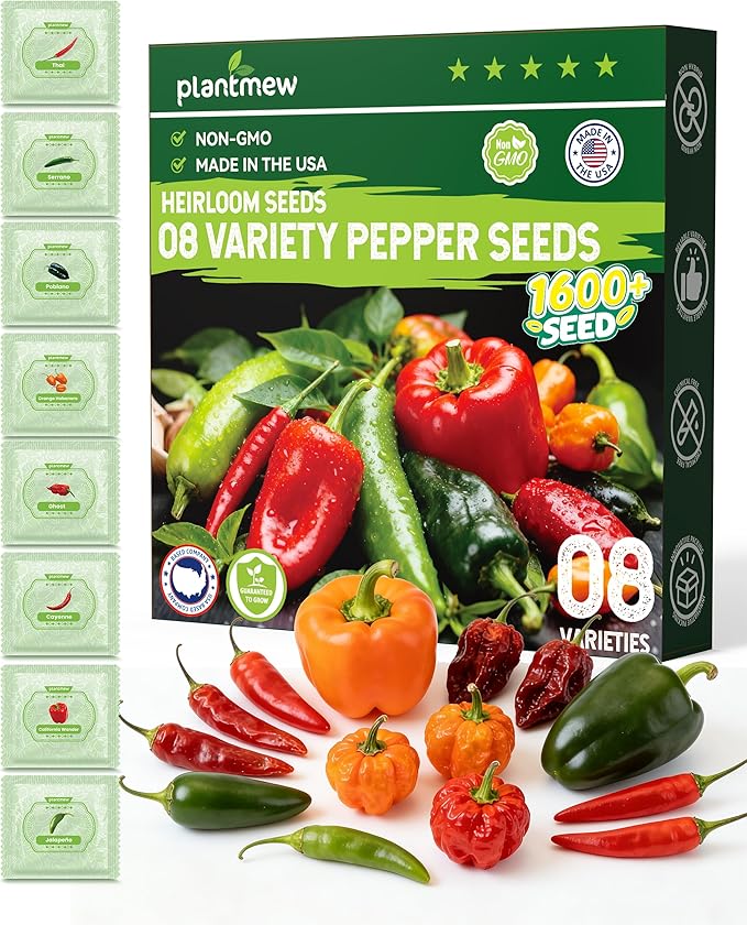 8 Varieties Hot Pepper Seeds for Planting - 1600+ Heirloom Non-GMO USA Sourced Seeds - Ghost, Jalapeño, Serrano, Cayenne, Poblano, Thai & More- High Germination Spicy Pepper Garden