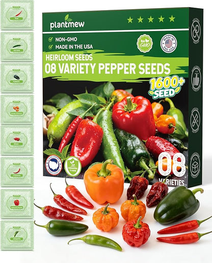 8 Varieties Hot Pepper Seeds for Planting - 1600+ Heirloom Non-GMO USA Sourced Seeds - Ghost, Jalapeño, Serrano, Cayenne, Poblano, Thai & More- High Germination Spicy Pepper Garden