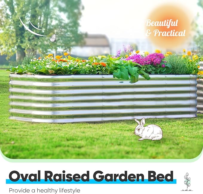 Quictent Raised Garden Bed Kit Oval Galvanized Metal Planter Box Tall for Vegetables Outdoor Backyard, Strengthened by Crossbar, Silver 6x3x2 ft