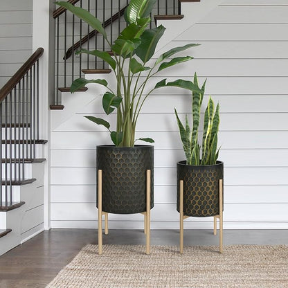 Oakrain Mid Century Planters for Indoor Plants, Set of 2, Modern Decorative Metal Pots for Living Room, Office, Garden or Balcony, Black&Golden Honeycomb, 10inch&12inch