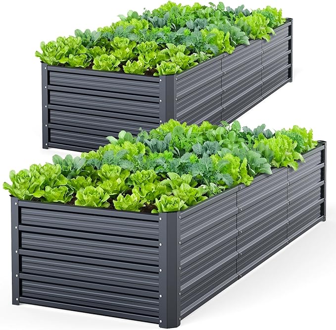 Ohuhu Metal Raised Garden Bed Outdoor 8x3x1.5 FT Reinforced Galvanized Rustproof Colored Steel Planter Boxes for Vegetables, Heavy Duty Raised Beds for Growing Flowers Herbs Succulents 2-Pack