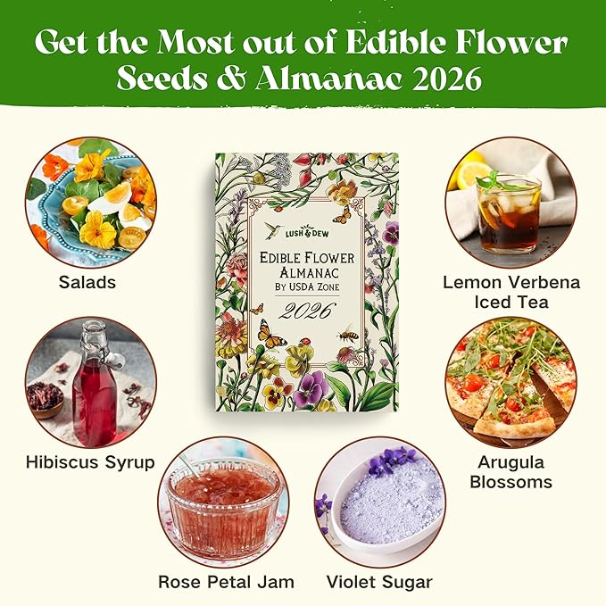 Lush&Dew Edible Flower Seed Bank with Almanac, Gardening Gifts for Women Men, 32 Types 30,000+ Non-GMO Heirloom Seeds for Planting Culinary Flowers, Survival Seed Kit, Annual Perennial, Zone 3-11