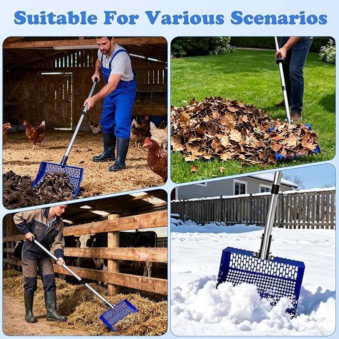 Chicken Poop Scooper, 12 Inch Large Sifting Shovel with Rake Head, 22-64" Extendable Stainless Steel Handle, 3-Angle Professional Poultry Litter Cleaner for Chicken Coop, Duck, Goat & Sand