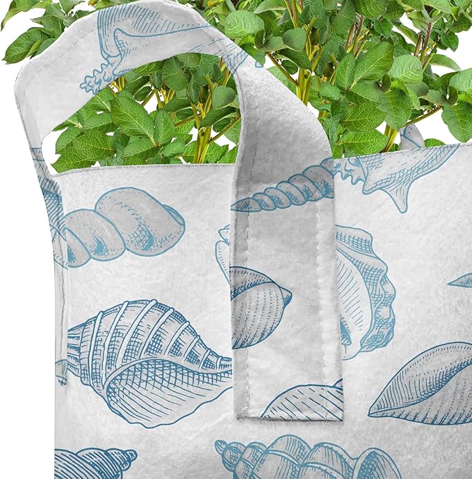 Lunarable Nautical Grow Bags 5-Pack, Soft Toned Marine Animals, Heavyduty Fabric Pots with Handles for Plants, Blue White