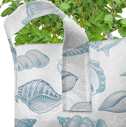 Lunarable Nautical Grow Bags 5-Pack, Soft Toned Marine Animals, Heavyduty Fabric Pots with Handles for Plants, Blue White