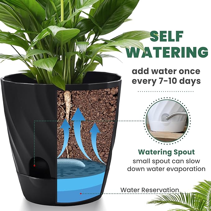 Plant Pots with Drainage, Self Watering Pots for Indoor Plants, Home Decor Flower Planters, 4 Pack 6 Inch Plastic Planters Succulent Pots, Black