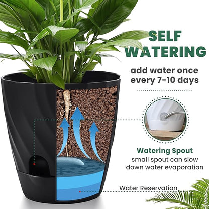 Plant Pots with Drainage, Self Watering Pots for Indoor Plants, Home Decor Flower Planters, 4 Pack 6 Inch Plastic Planters Succulent Pots, Black