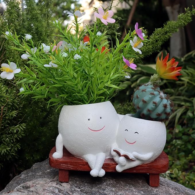 Cute Reading Planters Head Plant Pots, Decorative Face Flower Vase Cactus Two Pots for Indoor Outdoor Plants, Unique Plant Lover Gifts