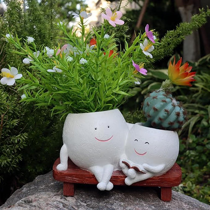 Cute Reading Planters Head Plant Pots, Decorative Face Flower Vase Cactus Two Pots for Indoor Outdoor Plants, Unique Plant Lover Gifts
