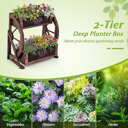 Giantex Wooden Wagon Planter Box, 2-Tier Garden Planter with Drainage Holes for Flowers Herbs Vegetables, Indoor Outdoor Decorative Planter Container for Patio Garden Balcony (1)