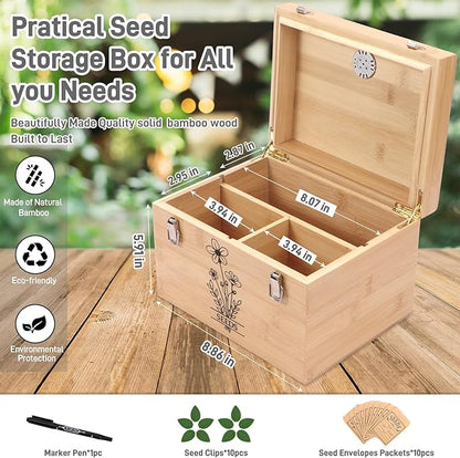 Professional-Designed Bamboo Seed Storage Box with Built-in Hygrometer, Double-Layer Airtight Lid and Safety Lock, Temperature-Stable Wooden Seed Organizer for Preservation, Great Gifts for Gardener