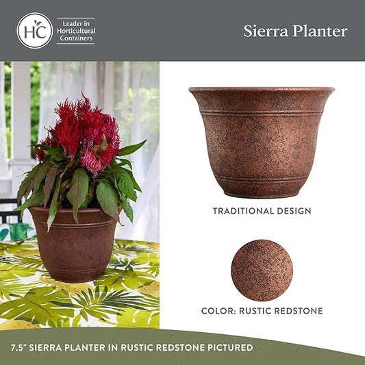 The HC Companies Sierra Round Self-Watering Pot - Lightweight Plastic Planter for Herbs & More - Durable Plant Pots for Indoor Plants & Outdoor Plants (7.5” Rustic Redstone, Pack of 2)