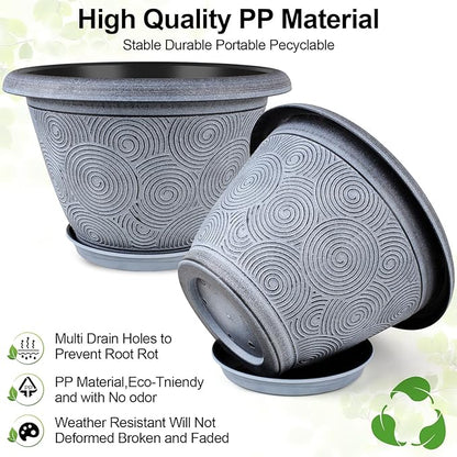 6 Inch Flower Pots Planters for Indoor Outdoor Plants, 6 Pack Plastic Small Plant Pots with Drainage Hole & Tray, Modern Decorative Garden Pot with Saucer, Plant Container for House
