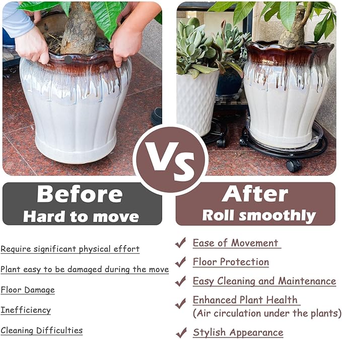 12" Metal Plant Caddy with Wheels 3 Packs Large Rolling Plant Stands Indoor Wheeled Plant Dolly Heavy-duty Planter Mover Roller Base Outdoor Plant Trolley Cart Water-proof, Plant Saucers on Wheels