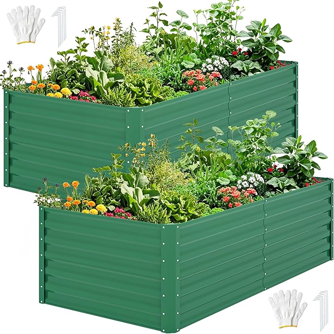 DWVO 2pcs 6 x 3 x 1 FT Raised Garden Bed Kit, Outdoor Galvanized Flower Bed with Gloves, Large Metal Planter Box for Vegetables, Flowers, Herbs, Fruits, Green