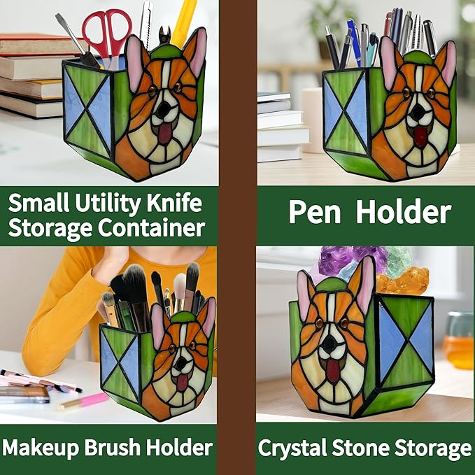 Corgi Planter - Cute Stained Glass Dog Flower Pots, Plant Pot with Drainage, Succulent Planters, Corgi Gifts, Christmas Decorations