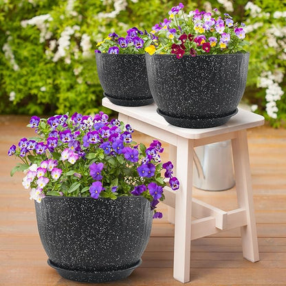 12/10/9 inch Plant Pots, 3 Pack Flower Pots for Outdoor Indoor Garden Plants, Large Planters with Multi Mesh Drainage Holes and Saucer (Speckled Black, 12"+10"+9")