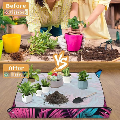 Large Repotting Mat for Indoor Plant 39.4"x39.4" Leaves Soil Change Mat Waterproof Planting Tray Foldable Succulent Potting Mat Gardening Gifts for Women Men Plant Lovers