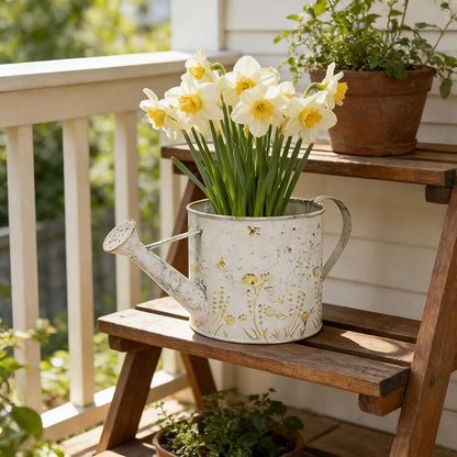 Vintage Metal Watering Can Planter with Embossed Floral - Distressed White Decorative Watering Pot for Indoor/Outdoor Flowers, Succulents & Herbs, Rustic Home Decor Accent