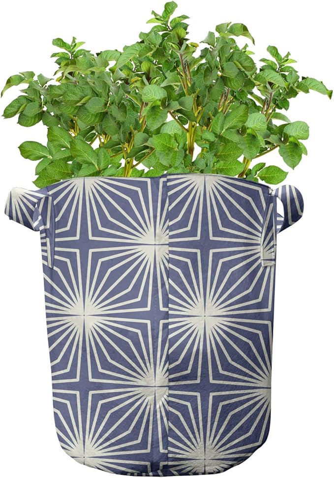 Lunarable Japanese Grow Bags 5-Pack, Modern Art Pattern, Heavyduty Fabric Pots with Handles for Plants, White Blue