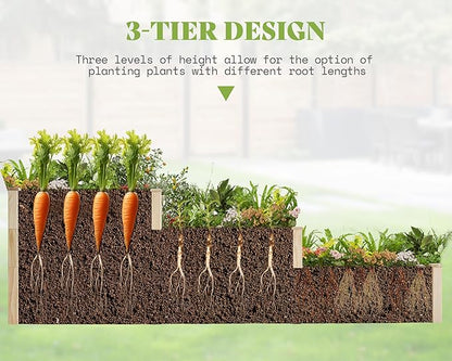 AMERLIFE 3-Tier Raised Garden Bed, 28 Inch Depth Fir Wood Planter Box for Outdoor Gardening with Dividers, Tool-Free Assembly, Garden Box, Ideal for Vegetables, Herbs, Flowers