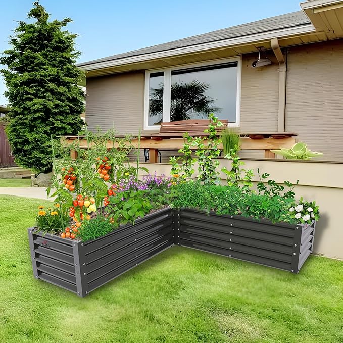 A ANLEOLIFE 4 Set L-Shaped Galvanized Raised Garden Beds Outdoor,74x74x18in Large Metal Planter Box for Planting Vegetables Flowers Herb, Anti-Rust & Easy-Setup, Quartz Grey