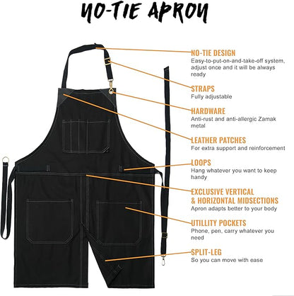 Under NY Sky No-Tie Twill Apron - Leather Reinforcement, Split-Leg