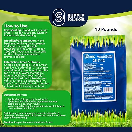 Supply Solutions 25-7-12 Lawn and Turf Fertilizer - 15% Slow Release Nitrogen Lawn Fertilizer for All Grass Types, Shrubs - Turf Builder Plant Food Covers 2,500 sq.ft (10lbs)