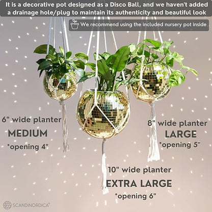 SCANDINORDICA Disco Ball Planter – Value Package: Mirror Disco Planter with Chain, Macrame Hanger and Acrylic Stand for Desk, Includes Self Watering Insert, Retro Decor | 6 inch Gold