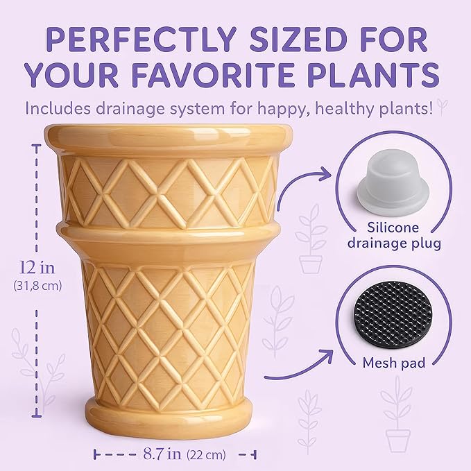 Giant Ice Cream Cone Flower - Large Planter 12' Tall Quirky Home Decor - Indoor Outdoor Planter for Ice Cream Cone Decor Lovers - Retro Decor - Unique Finds (Giant Size)