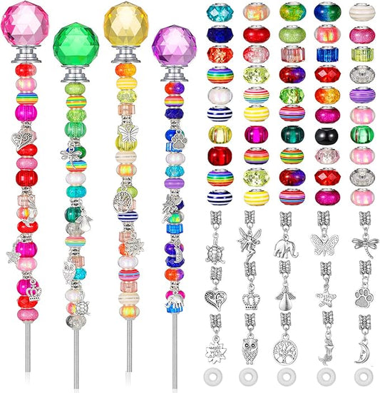 MTLEE 101 Pieces Garden Stakes Decorative Beaded Garden Stakes with Crystal Stopper Top Round Glass Bead Antique Silver Bail with Pendant Silver Bead for Outdoor Decoration (Vintage Style)
