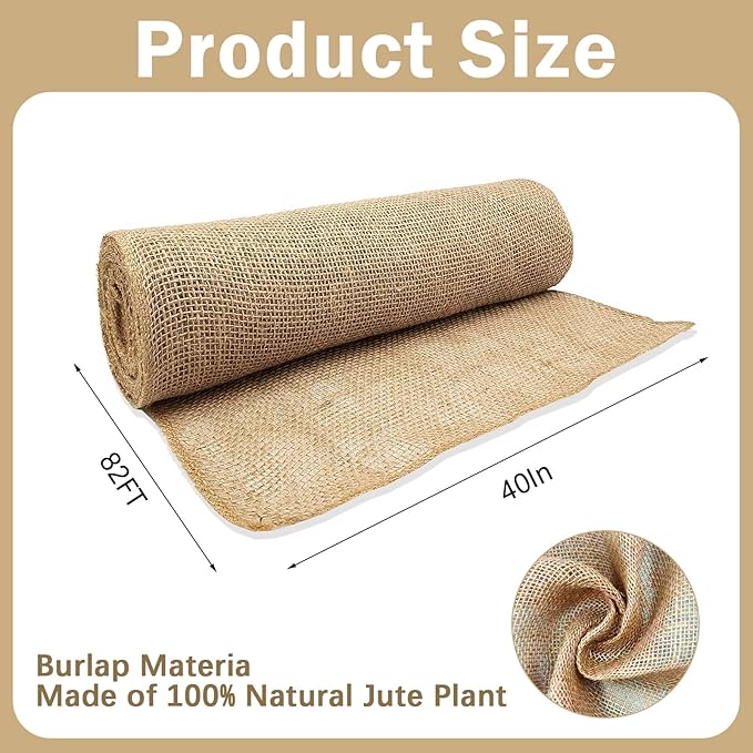 40InX82FT Burlap Rolls Multipurpose Burlap Fabric for Garden Tree Wrap Winter Weed Barrier Protection for Outdoor Plant Shrubs DIY Craft Projects and Party Decor